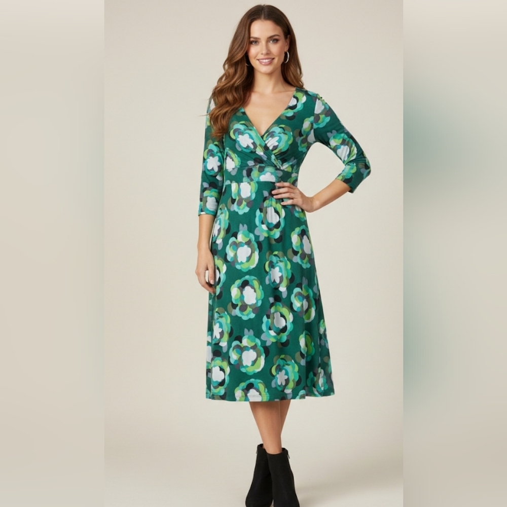 BODEN Women's 3/4 Sleeve Surplice V Neck Drape Dress Green/Blue Floral Size 6L